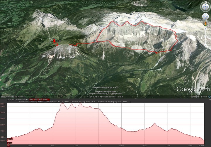 <strong>Routenübersicht meiner geplanten Runde: Start Hofalmen-Sulzenhals-Gesamter Windlegergrat-Torstein-Mitterspitz-Hoher Dachstein-Dirndl</strong>