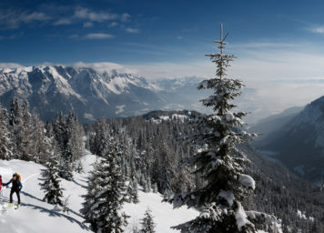 Thumbnail http://Verschneiter%20Wald%20und%202%20Skitourengeher%20mit%20Sonnenschein